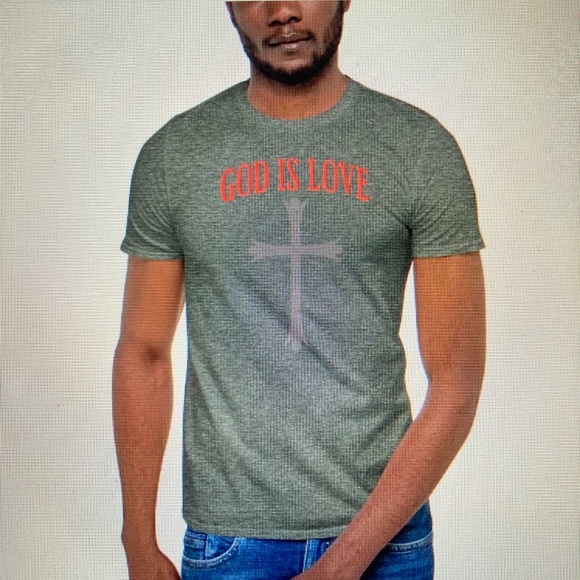 Unisex Basic T-shirt Goldman 64000 God is Love Red and grey shirt - Picture 1 of 1